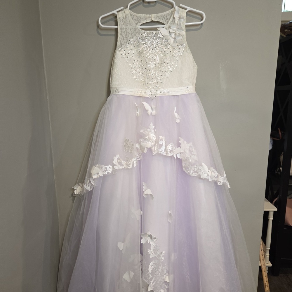 Balletcore Girls Butterfly Flower Girl Dress Formal Pageant Gown White Lavender